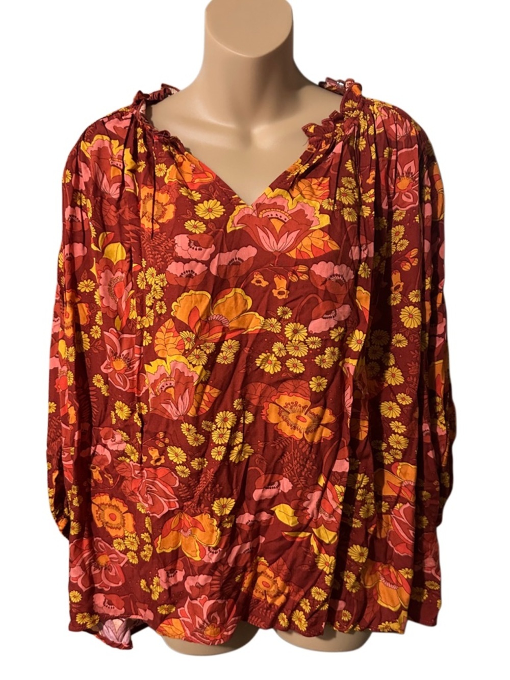 NWT Entro M Floral Ruffle V-Neck Peasant Blouse Boho Top